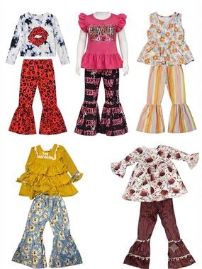 Girls' boutique ruffle & bell bottom Outfit Bundle - Multiple Colors size 6-7